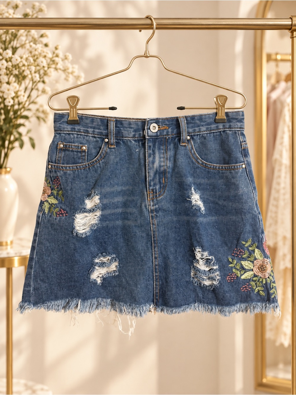 POL Floral Embroidered Distressed Denim Mini Skirt Raw Hem Size S NWT